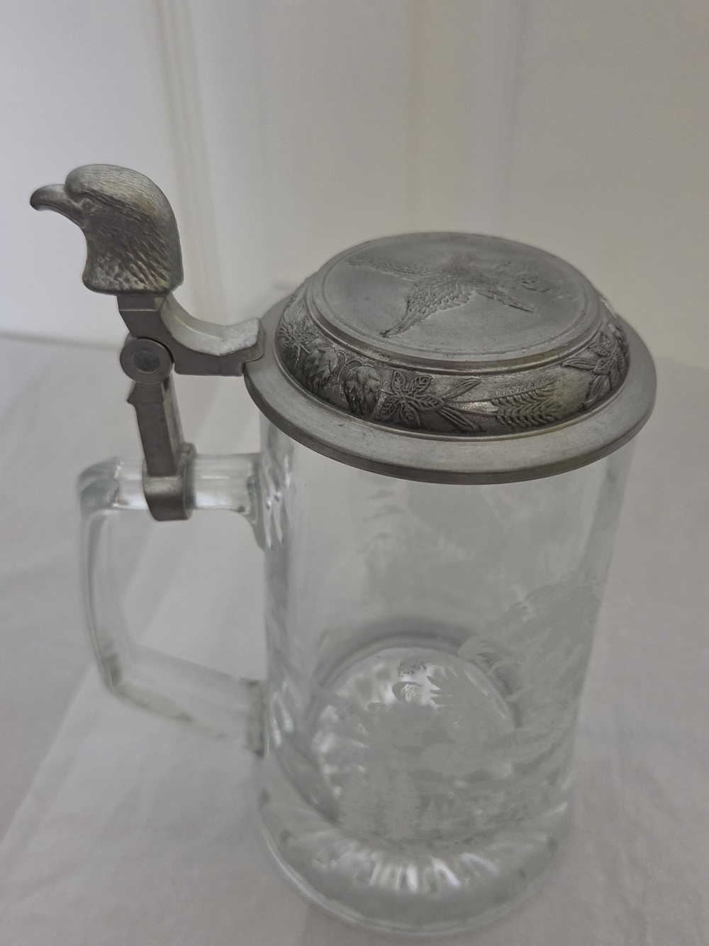 Glass Beer Stein with Metal Eagle-Handled Lid - Pewter-Tone
